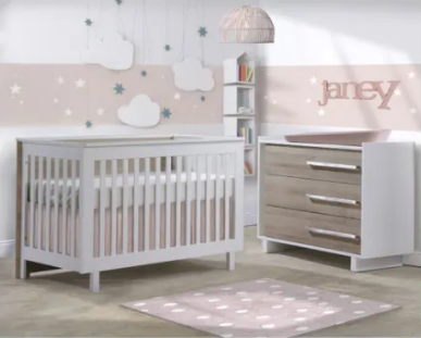 Natart Tulip Urban Convertible Crib and 3 Drawer Dresser XL  - White/Natural - MARKHAM STORE PICKUP ONLY